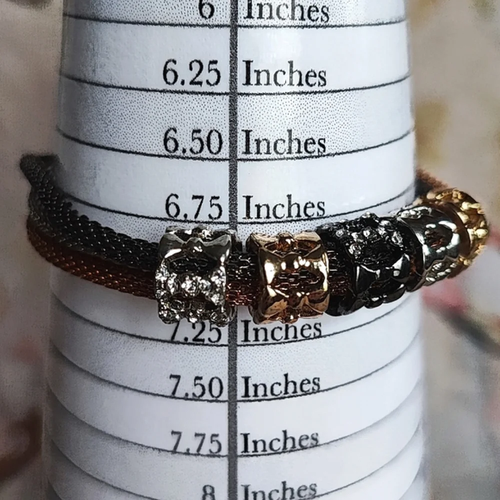 Multi Tri Colored Metal Mesh Tube Rhinestone Bracelet Gold Silver Tone Gunmetal